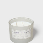 Sandalwood verbena scented candle in gray jar with double wick and label