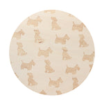 Scented candle lid with cream fabric cover and tan dog silhouette pattern