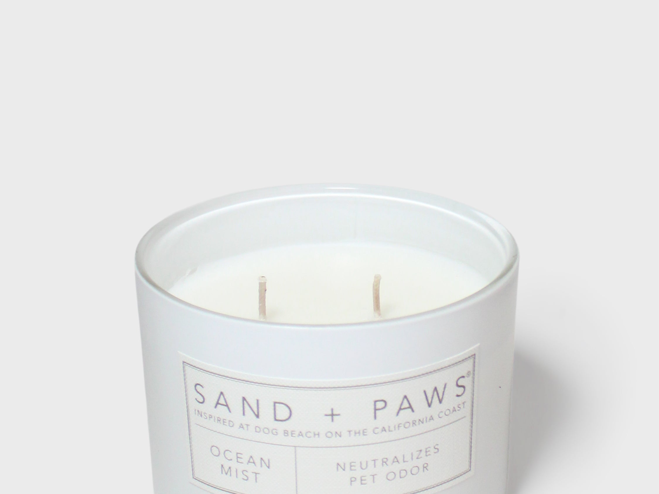 Sand + Paws scented candle in light blue jar with three wicks and label
