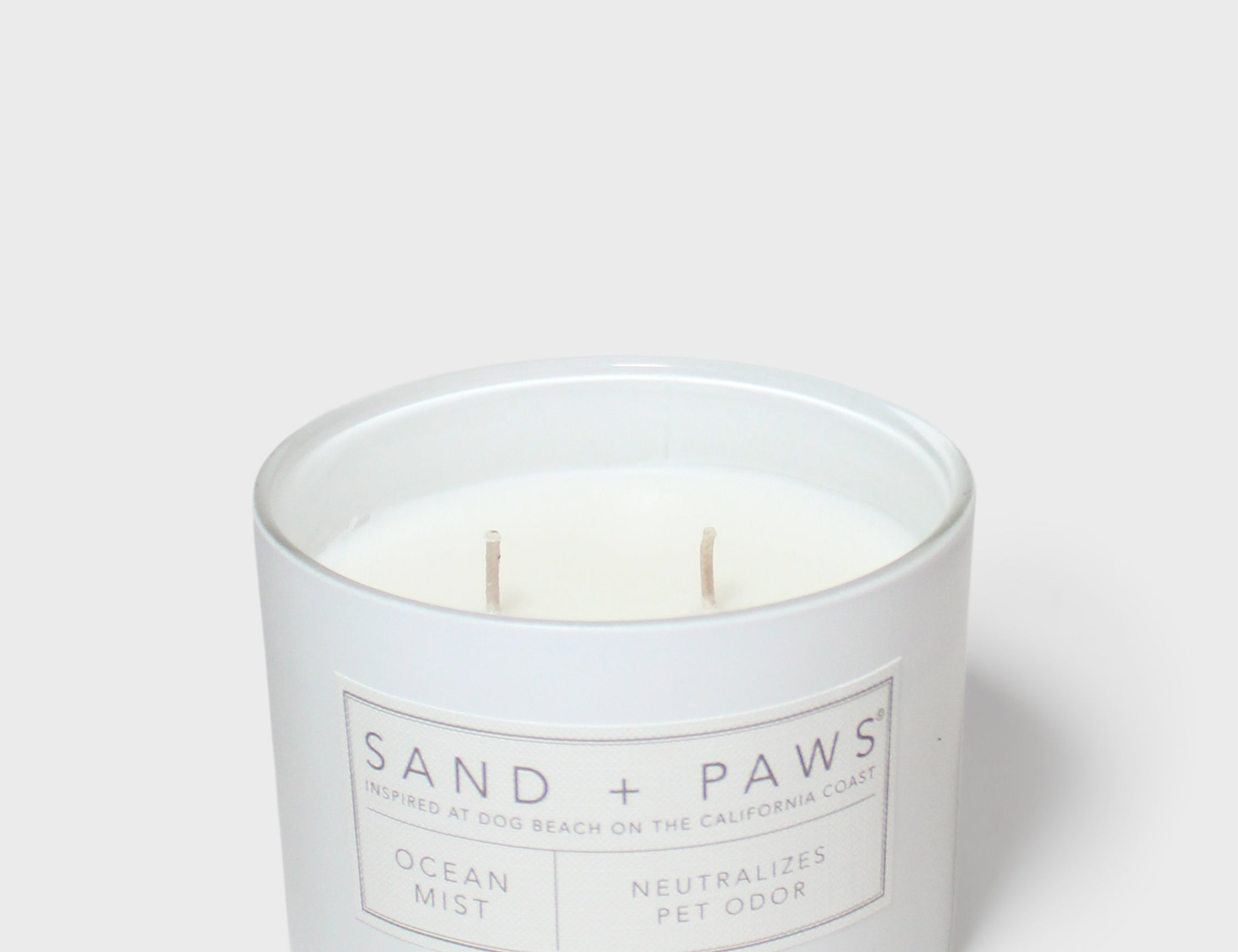 Sand + Paws scented candle in light blue jar with three wicks and label
