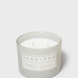 SAND + FOG scented candle in glass jar with cream wax and two wicks