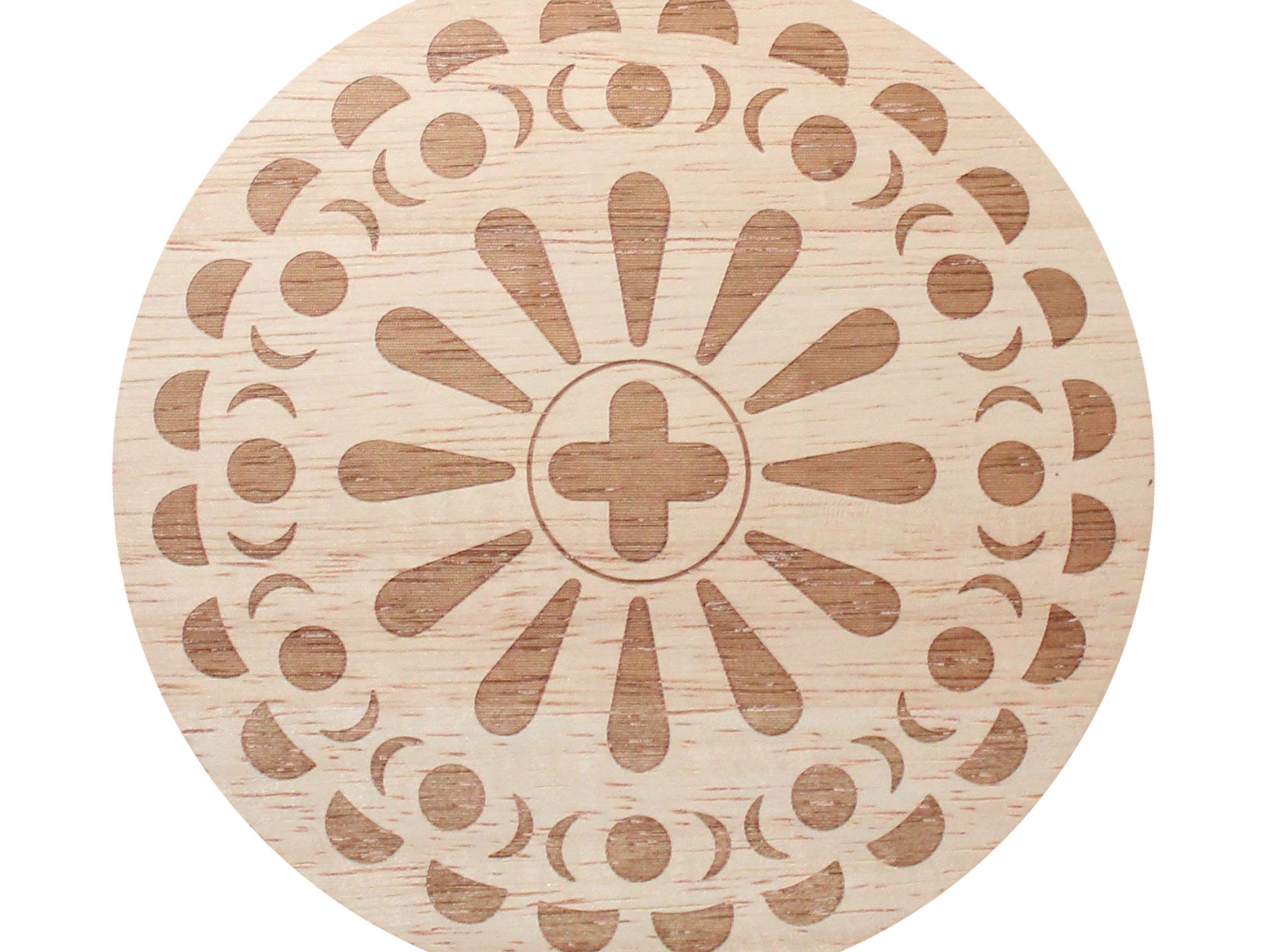 Sand + Fog scented candle lid with patterned circular design and plus symbol