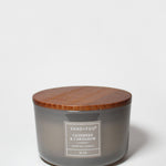 SAND+FOG scented candle with wood lid and gray glass jar, Cashmere & Cardamom label