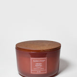 Amber glass scented candle jar with wood lid and label, Sweet Santal, 16 oz