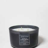 SAND+FOG vanilla sandalwood scented candle with two wicks in black jar, 16 oz