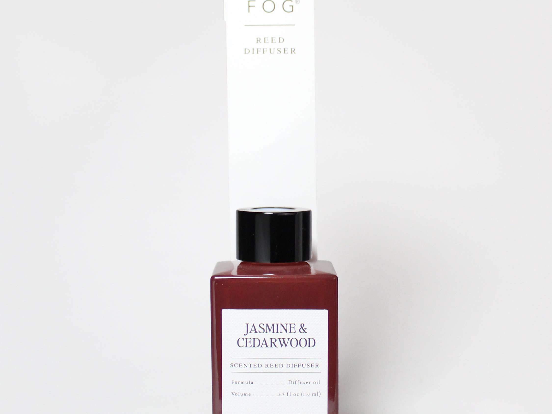 Jasmine & Cedarwood 110 ml reed diffuser in a burgundy bottle with a black cap and box.