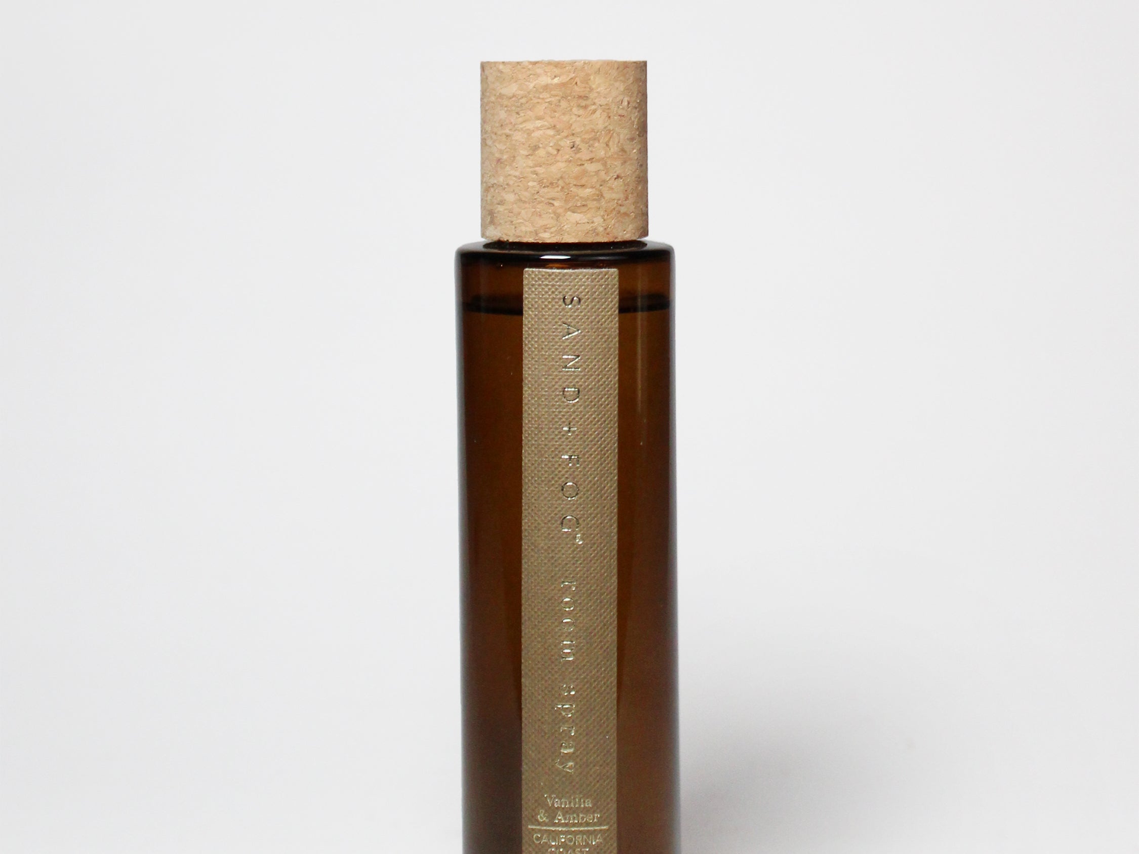 Vanilla & Amber room spray bottle, amber glass with cork cap