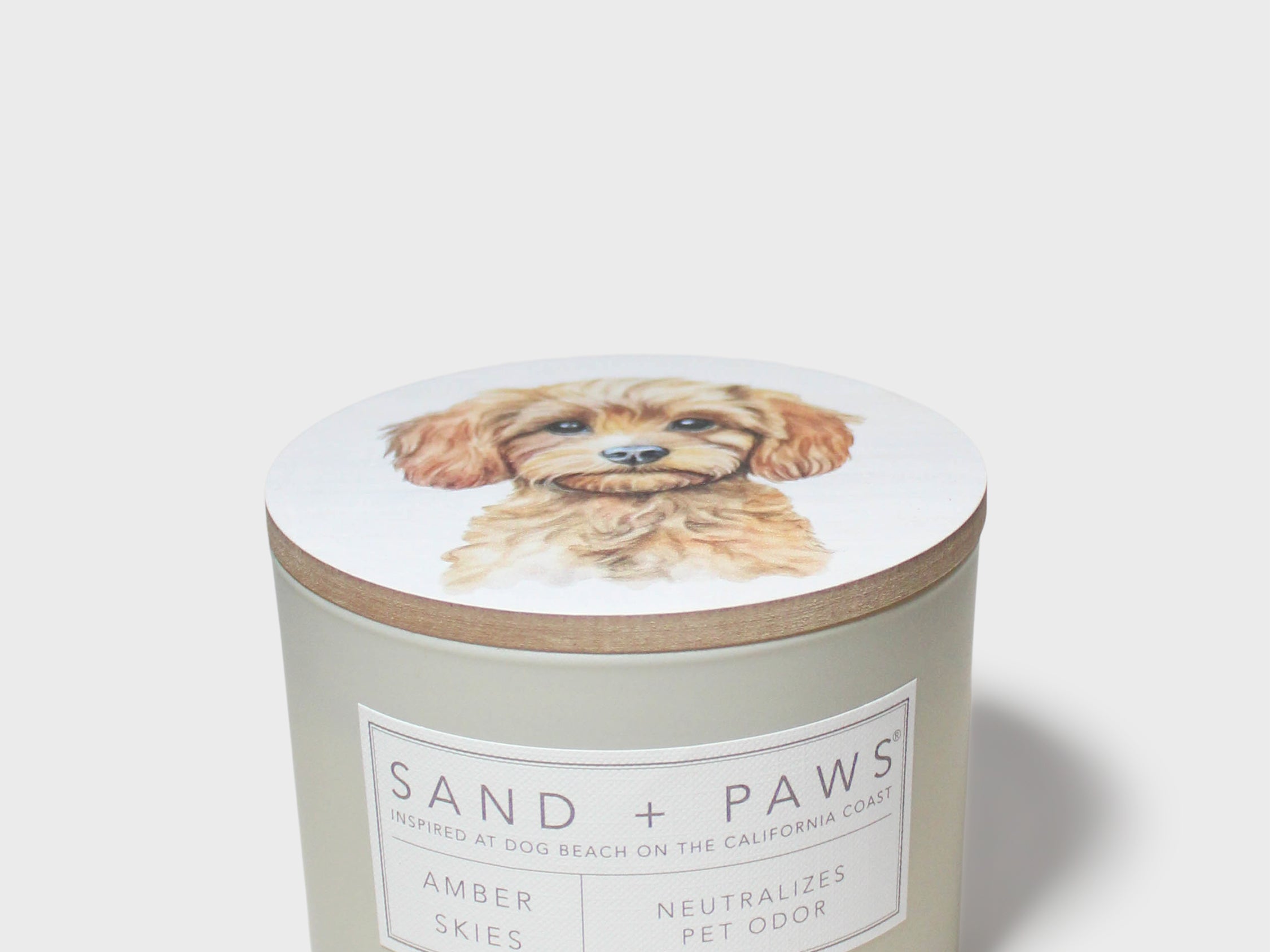 Scented candle jar with dog portrait lid and Sand + Paws Amber Skies label