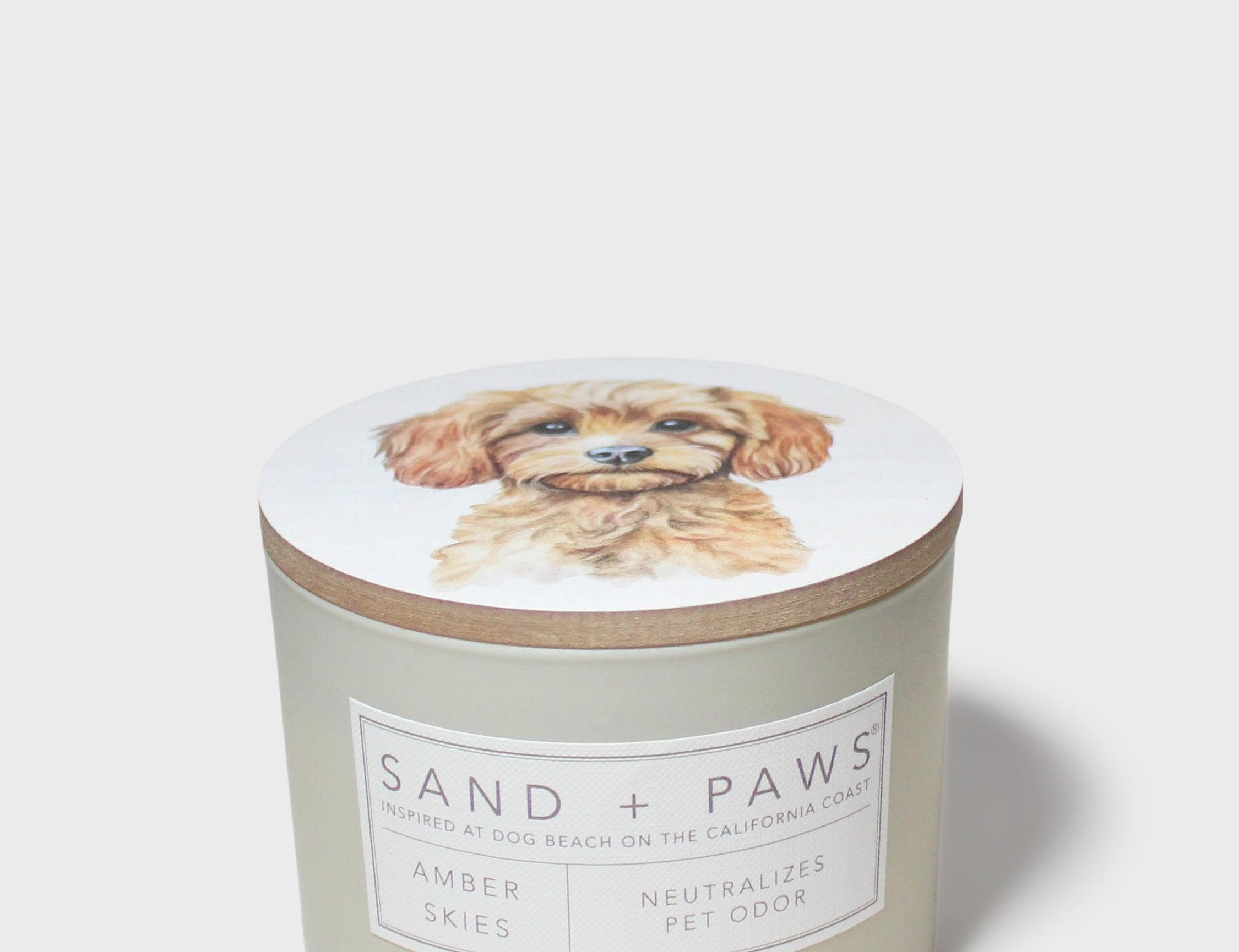 Scented candle jar with dog portrait lid and Sand + Paws Amber Skies label