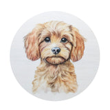 Round candle lid with illustrated dog portrait, Sand + Paws style