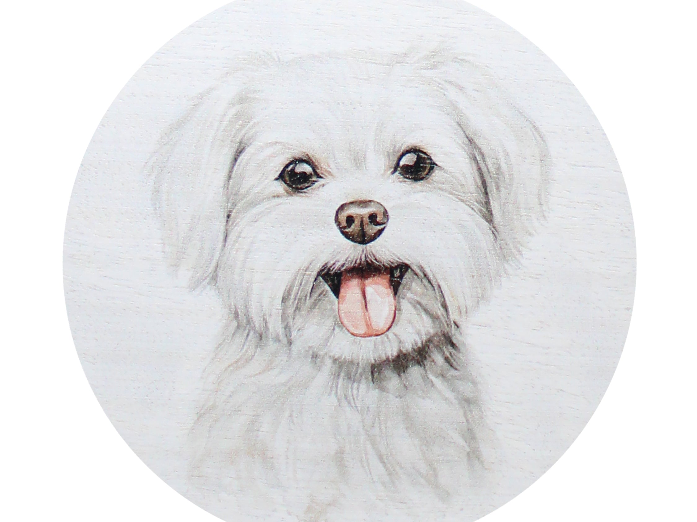 Sand + Paws scented candle lid with white dog face illustration, cream