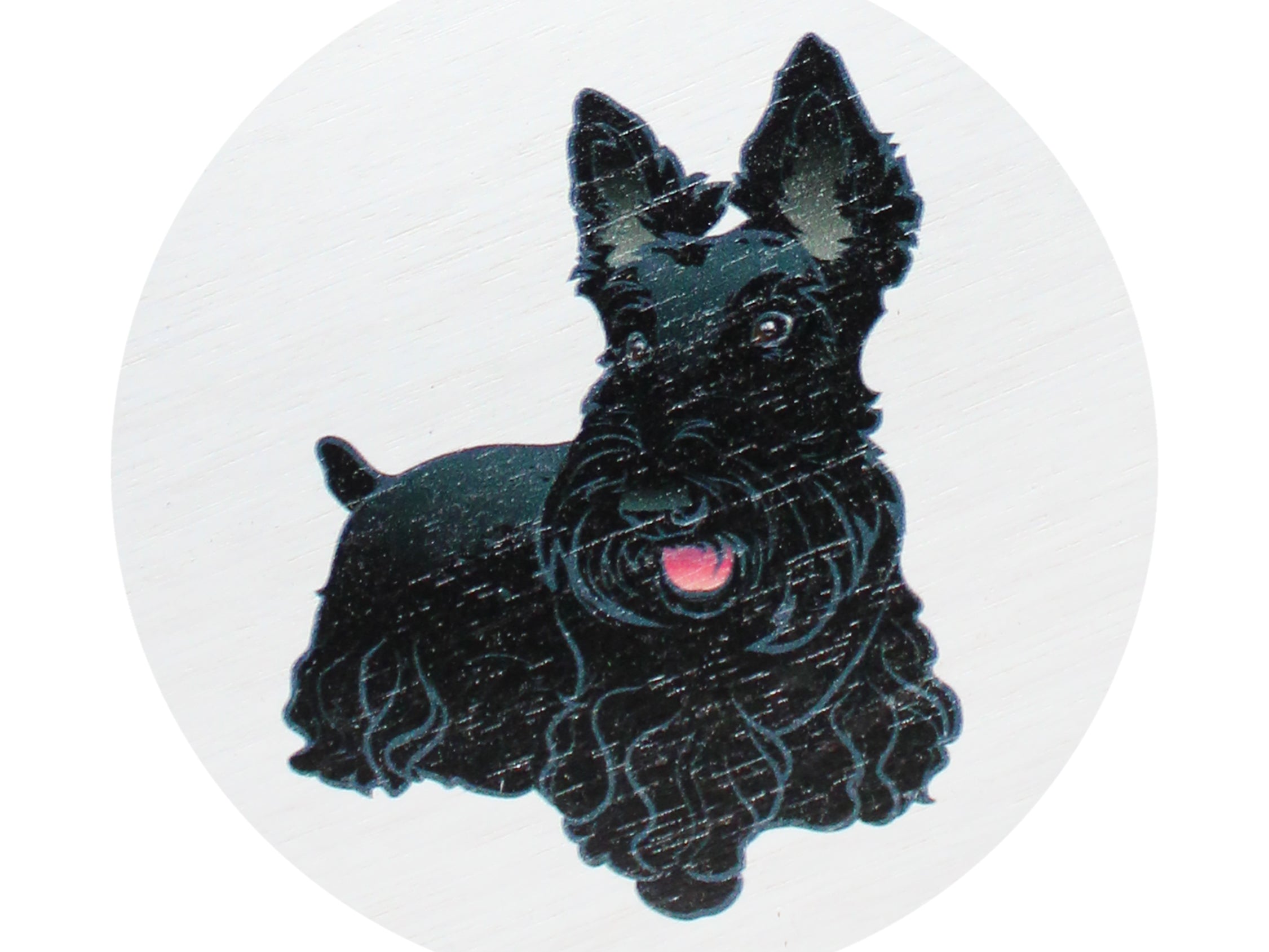 Scented candle lid with black dog illustration on light circle