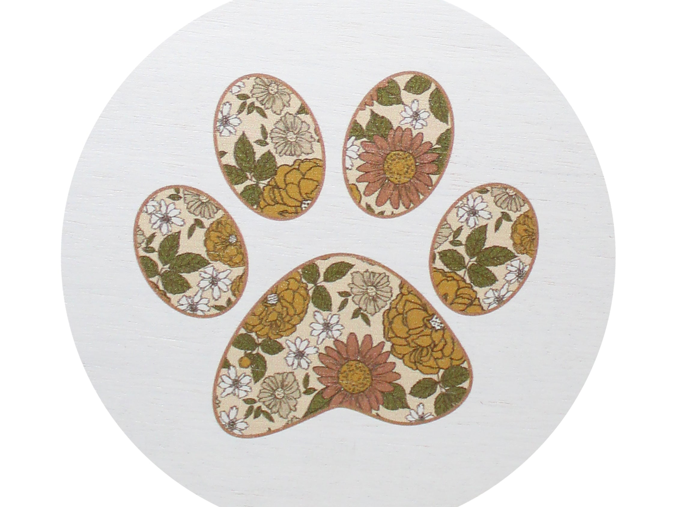 White candle lid with multicolor paw print pattern.