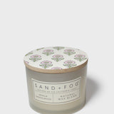 SAND + FOG scented candle, vanilla sandalwood, with floral patterned lid