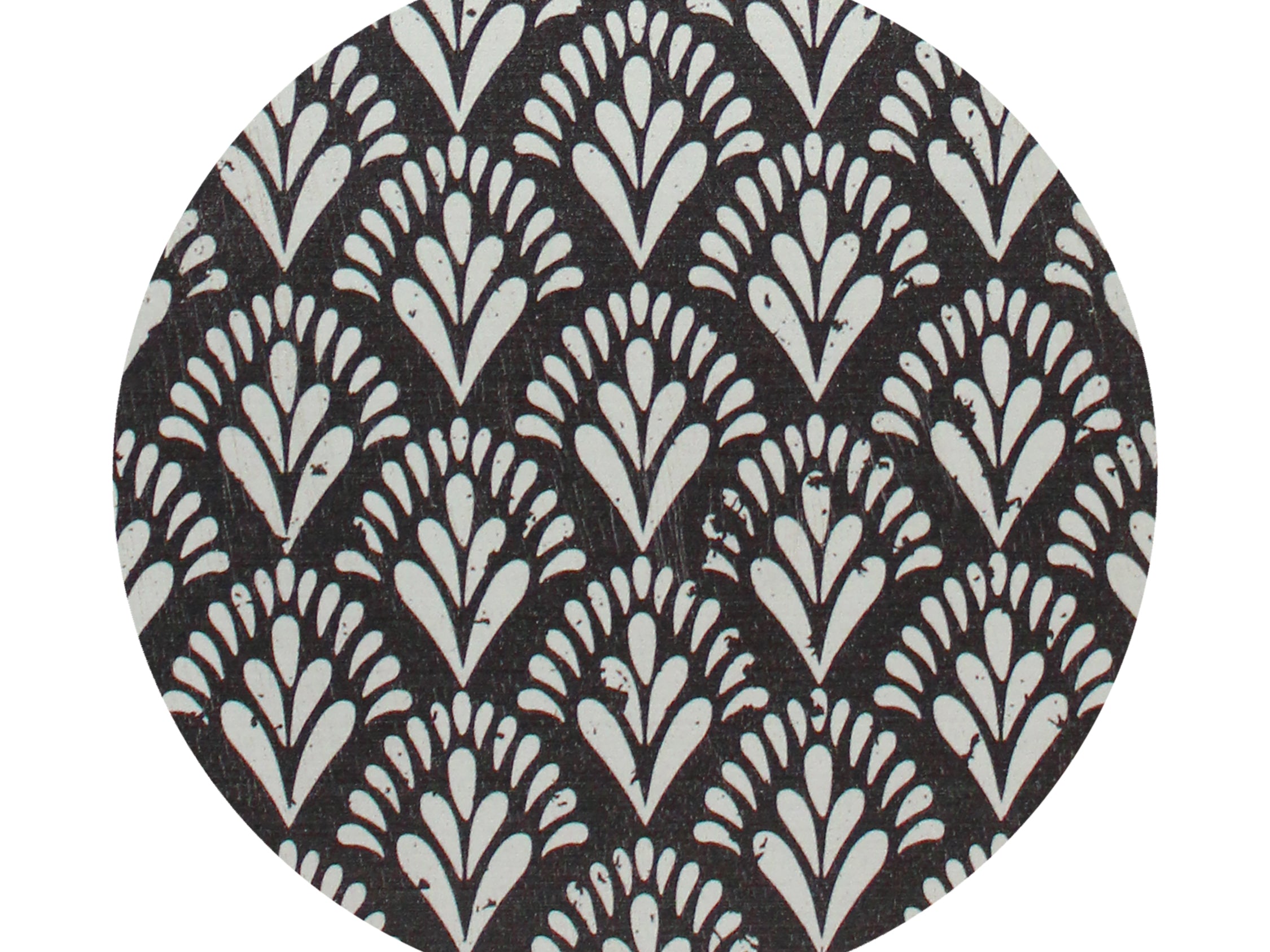 Scented candle lid with black and cream fan leaf pattern