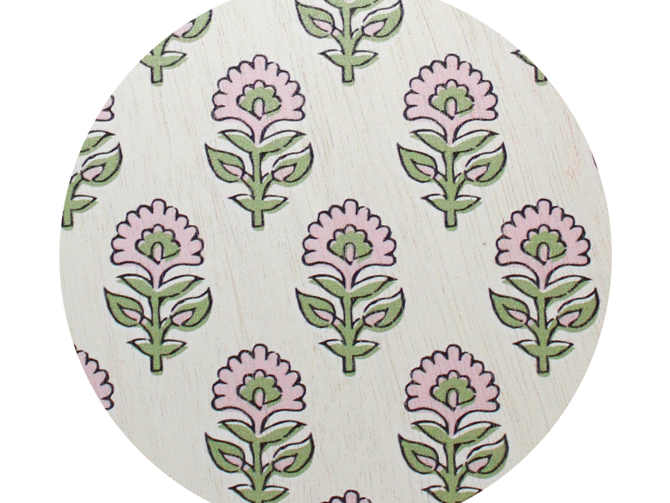 SAND + FOG candle lid with repeating green and pink floral pattern