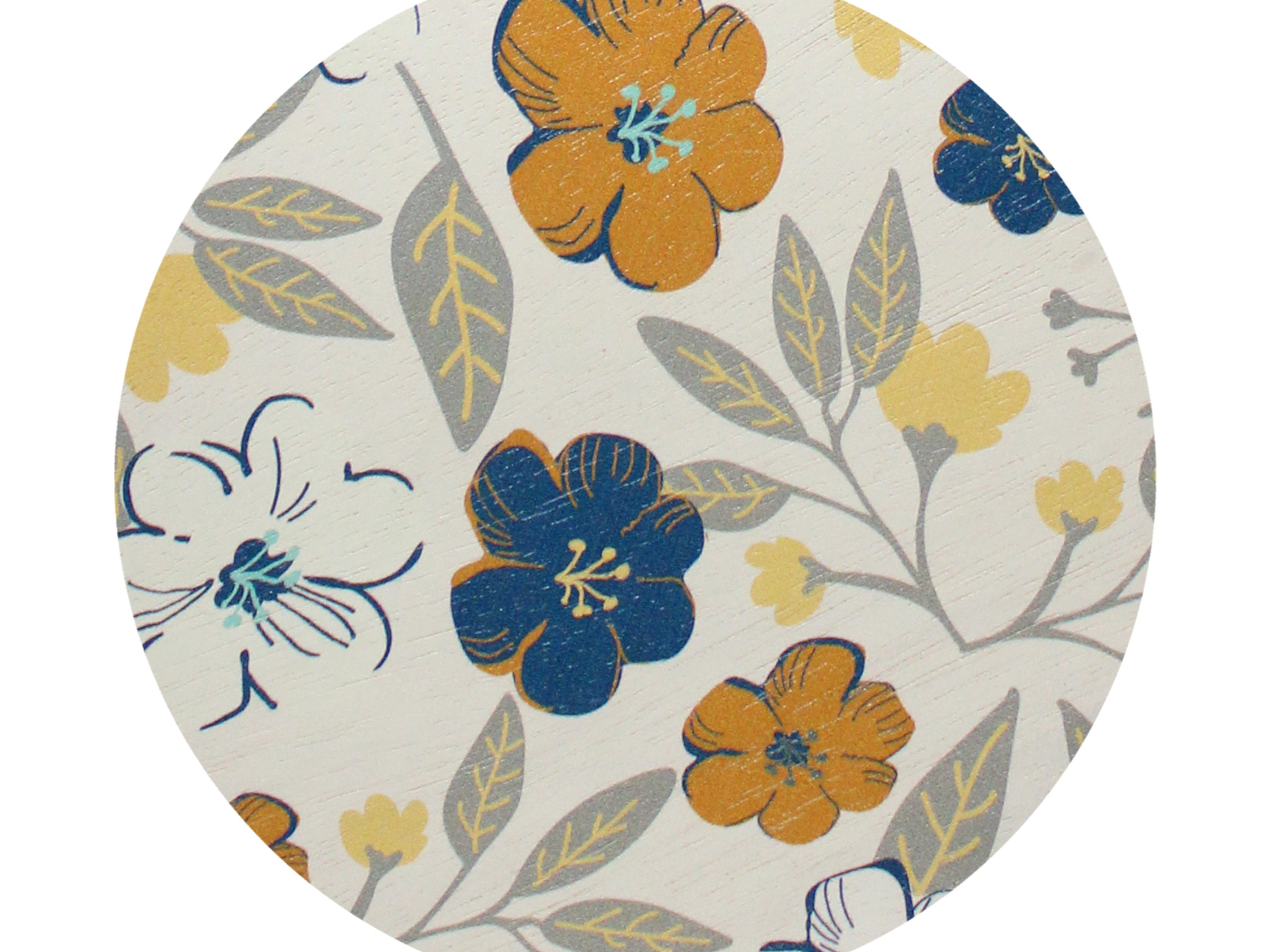 Floral-pattern candle lid with blue and orange flowers on cream