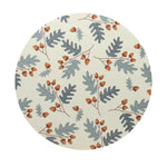 Round candle lid with blue and tan botanical leaf and acorn pattern