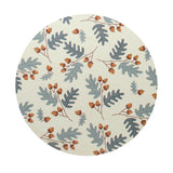 Round candle lid with blue and tan botanical leaf and acorn pattern
