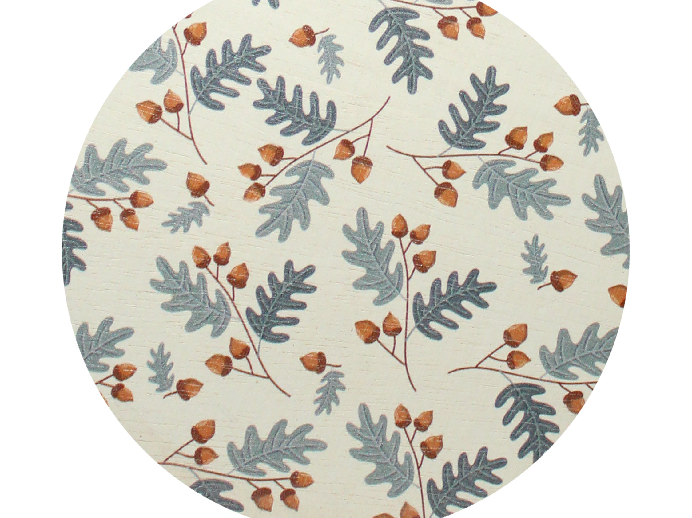 Round candle lid with blue and tan botanical leaf and acorn pattern