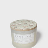 SAND + FOG scented candle jar with floral lid, natural wax blend