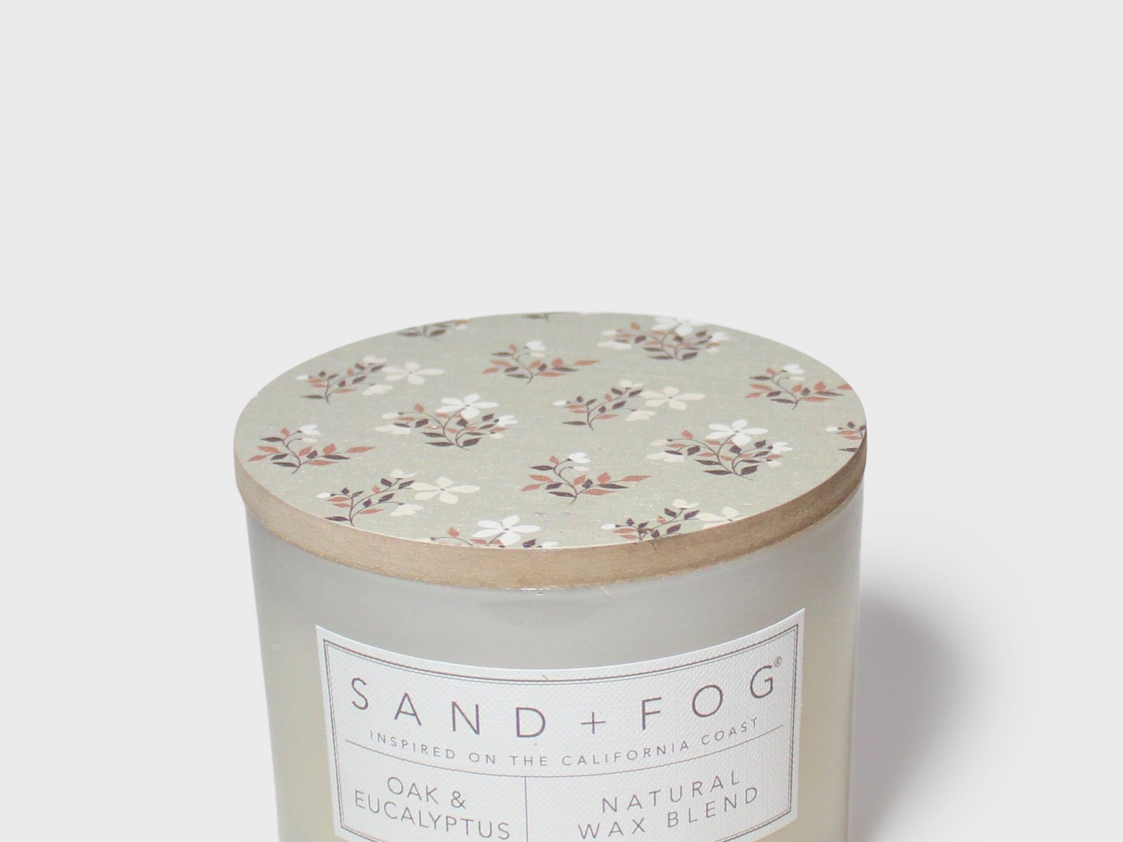 SAND + FOG scented candle jar with floral lid, natural wax blend