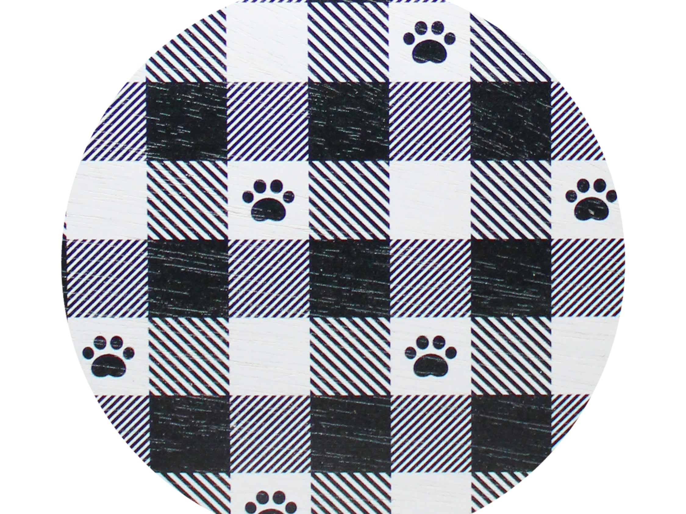 Plaid scented candle lid with paw-print pattern