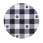 Plaid candle lid with paw-print pattern in black, white, and purple checks