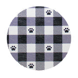 Plaid candle lid with paw-print pattern in black, white, and purple checks