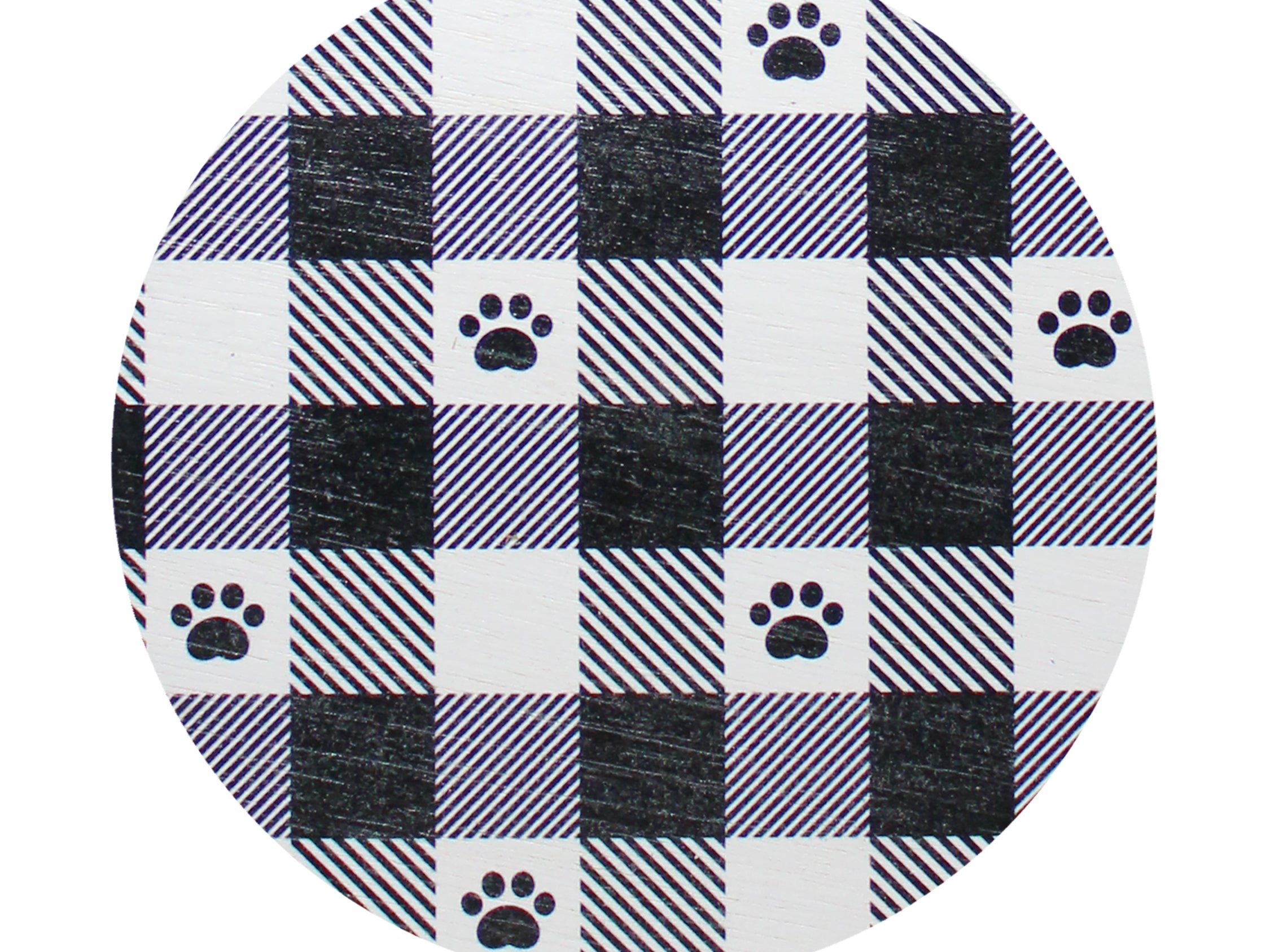 Plaid candle lid with paw-print pattern in black, white, and purple checks