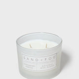 12 oz scented candle in frosted glass jar with two wicks and white label