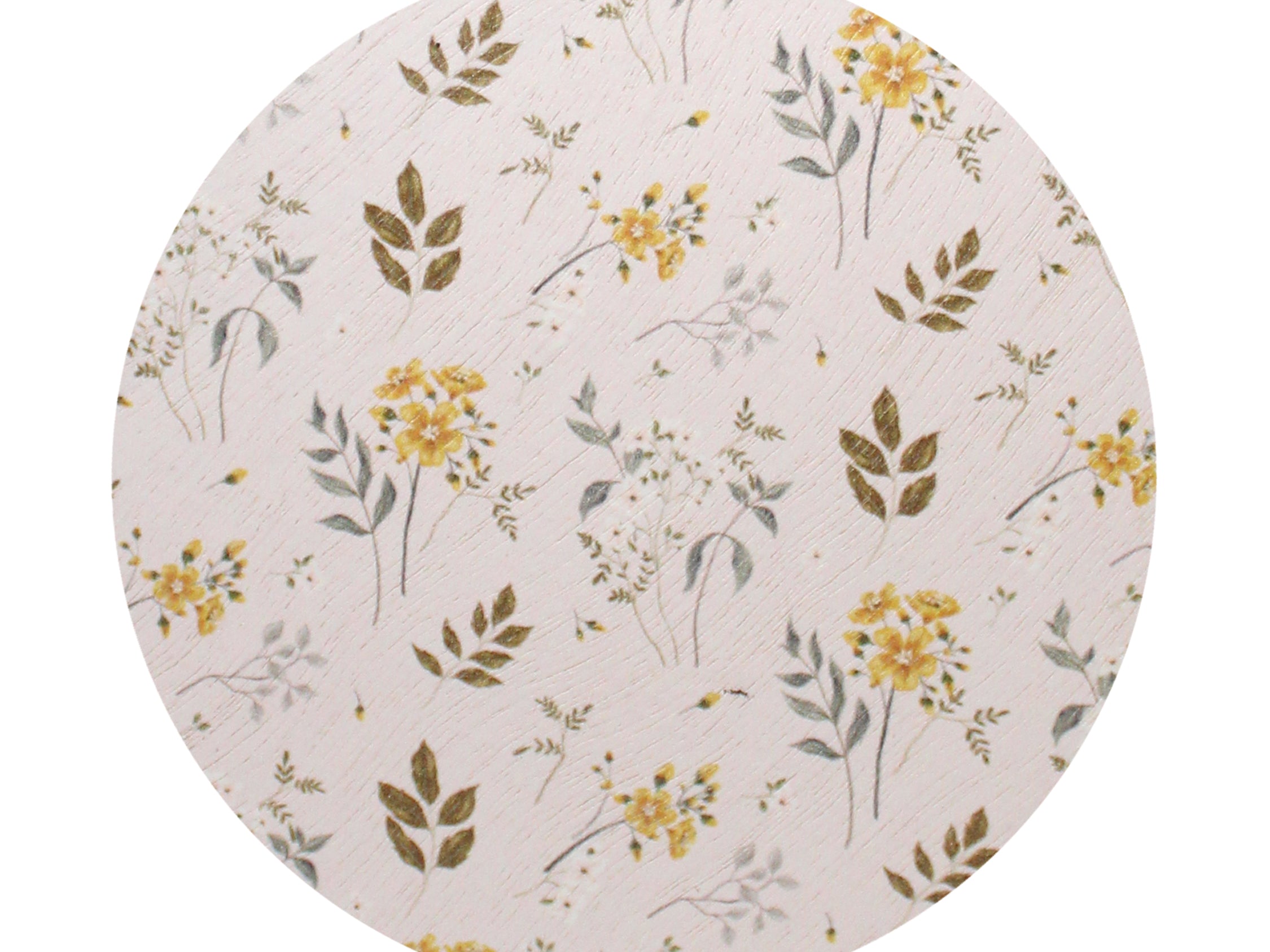 Round beige candle lid with botanical illustration in muted greens and golden flowers