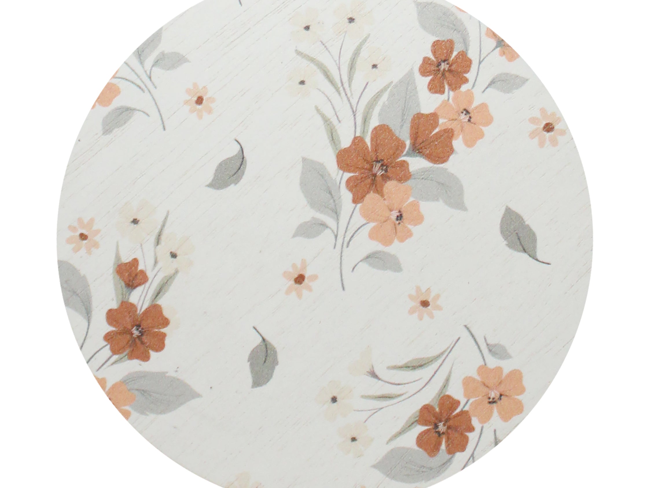 Scented candle lid, white with peach and orange floral pattern and small leaf accents