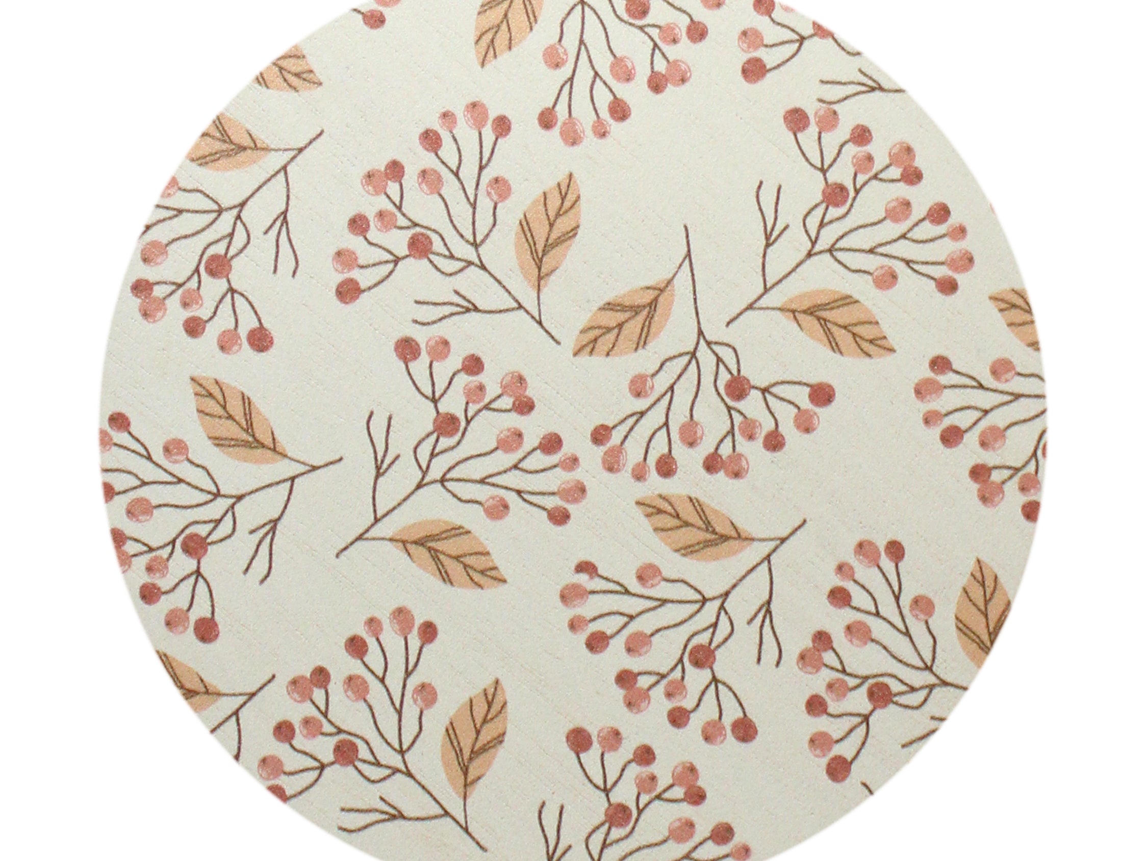 Round candle lid with botanical pattern in cream, tan, and coral; top view