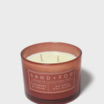 SAND + FOG scented candle with cream wax and brown glass jar