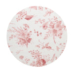 Round candle lid with pink toile floral pattern on cream background