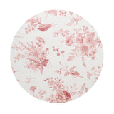Round candle lid with pink toile floral pattern on cream background