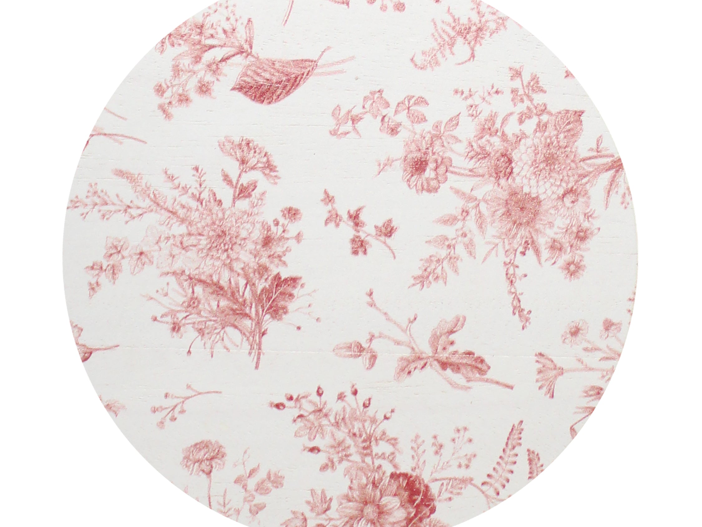 Round candle lid with pink toile floral pattern on cream background