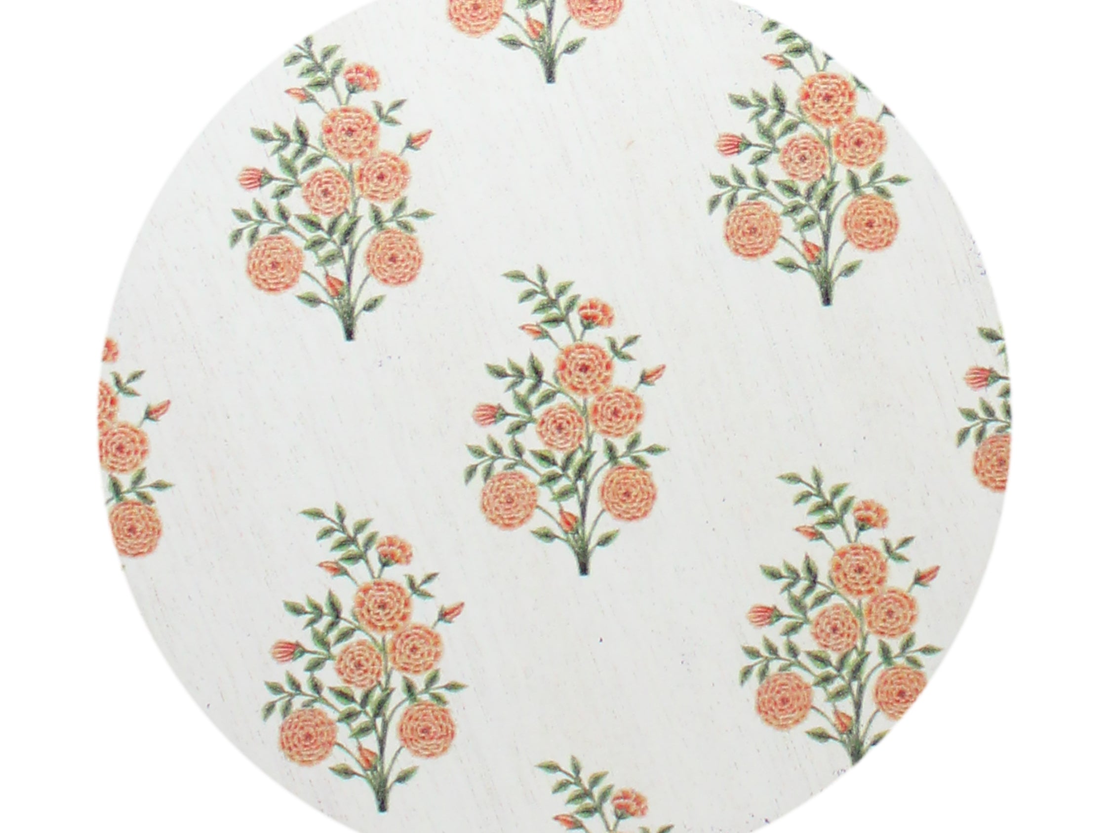 Floral printed candle lid cover with peach and green rose pattern