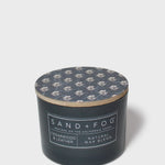 12 oz scented candle jar with patterned lid top and cedarwood & leather label