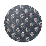 Round patterned candle lid top in dark blue with tan cedar-like print