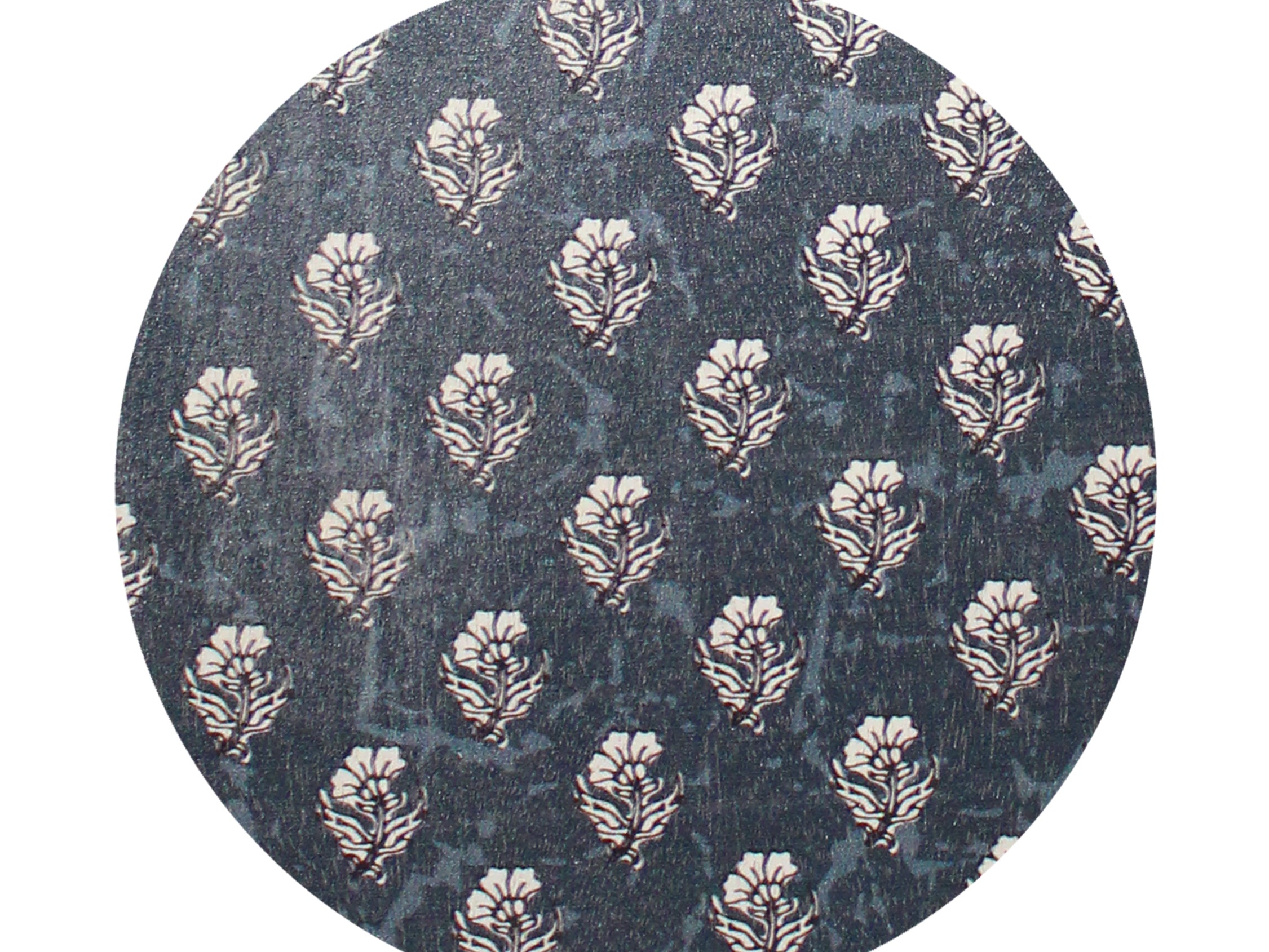 Round patterned candle lid top in dark blue with tan cedar-like print