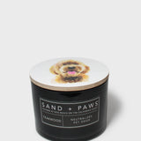 Black SAND + PAWS scented candle with dog image on lid