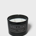 SAND + PAWS teakwood scented candle in black glass jar, unlit