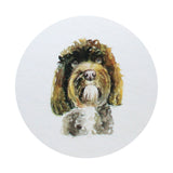 Scented candle with white lid graphic of a curly-haired dog portrait