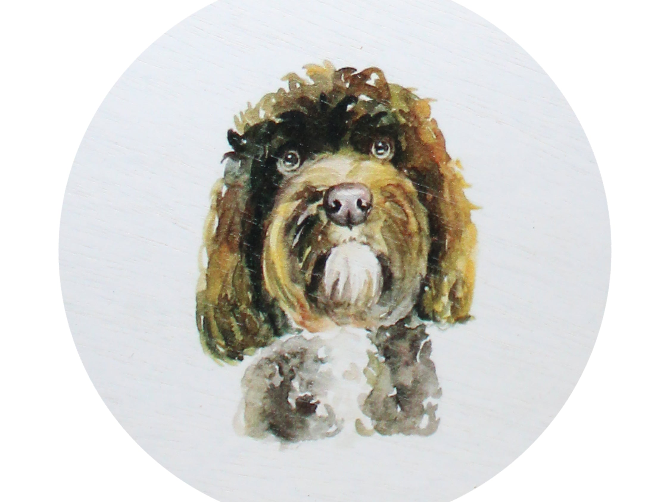 Jar candle lid with detailed dog portrait illustration.