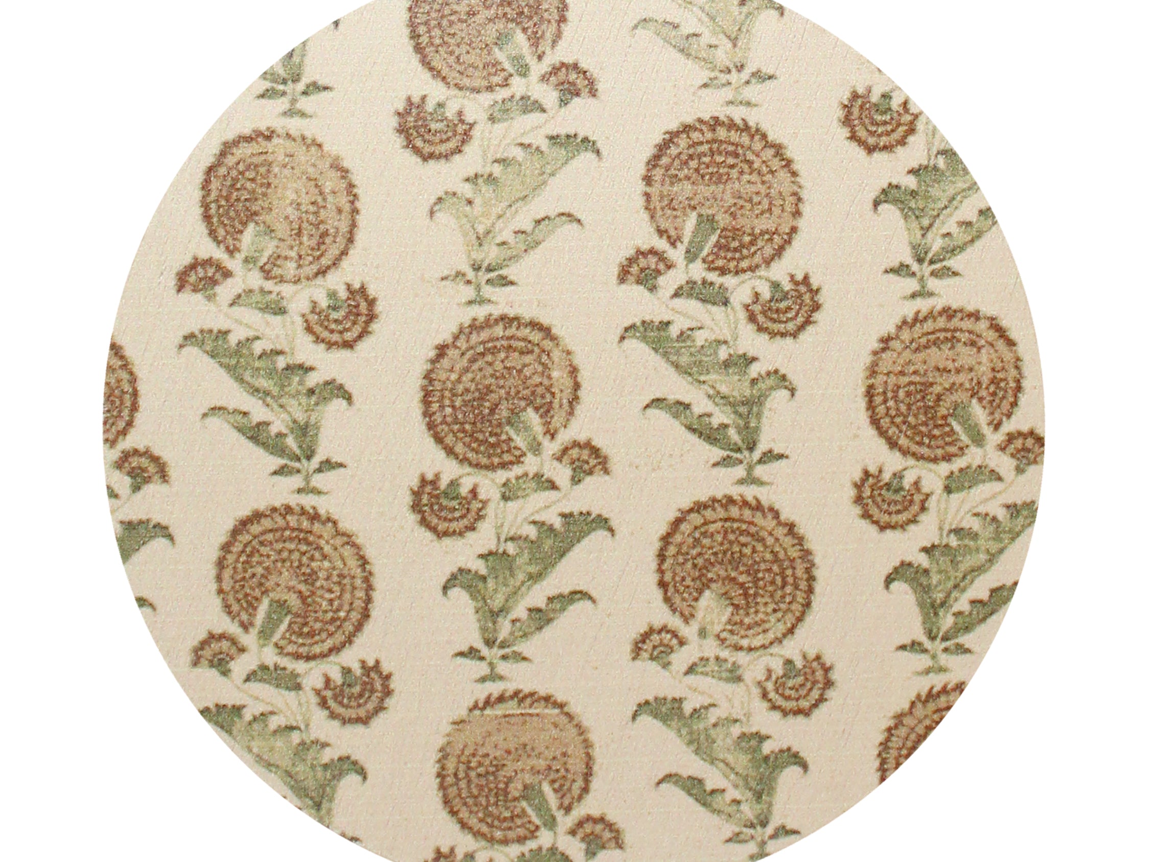 Beige circular candle lid with repeating sandalwood and floral motif