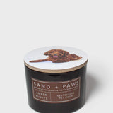 Sand + Paws Amber Nights scented candle with dog image on lid