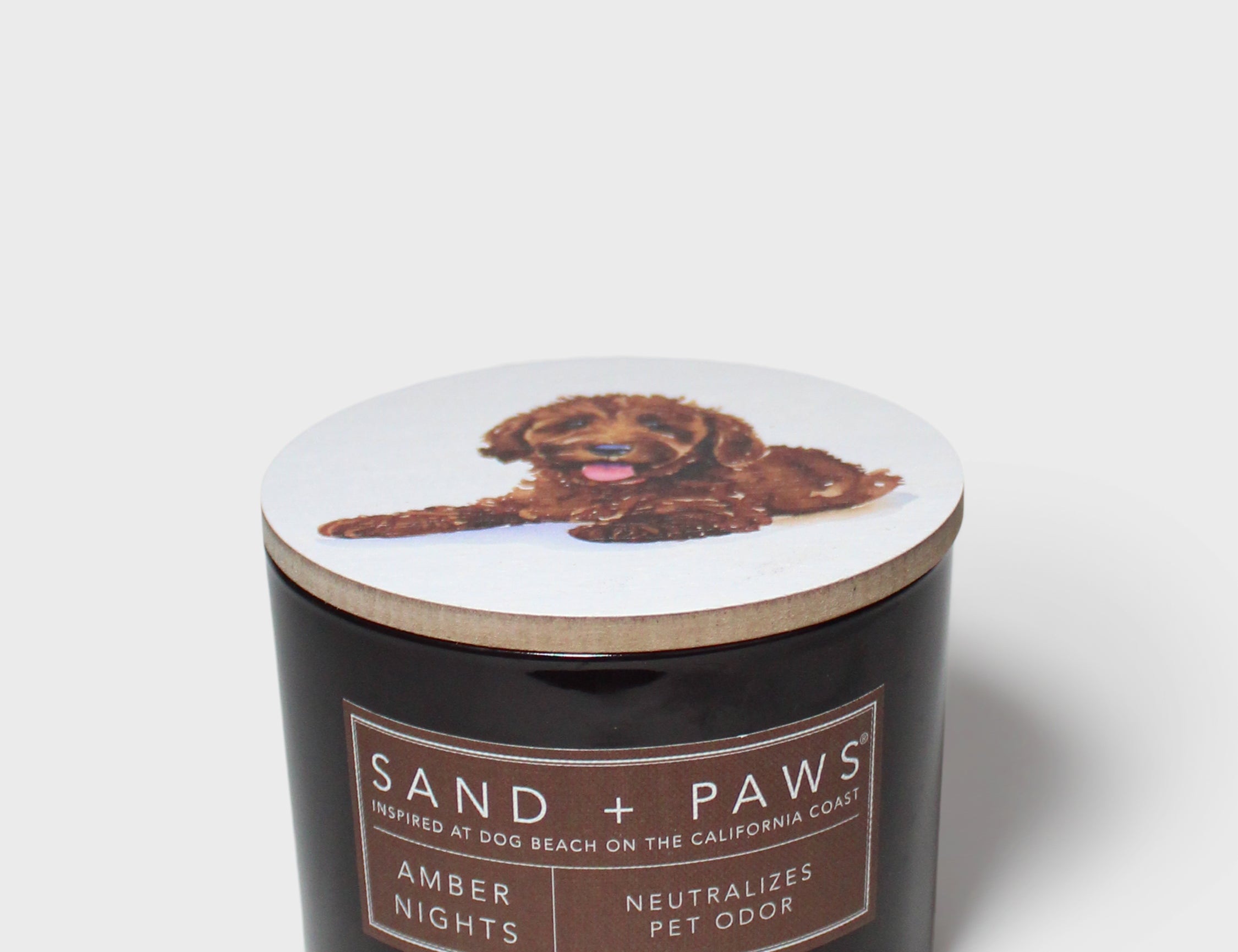 Sand + Paws Amber Nights scented candle with dog image on lid