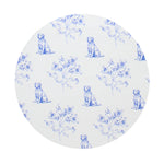 White cotton scented candle top with blue dog and botanical pattern on white lid